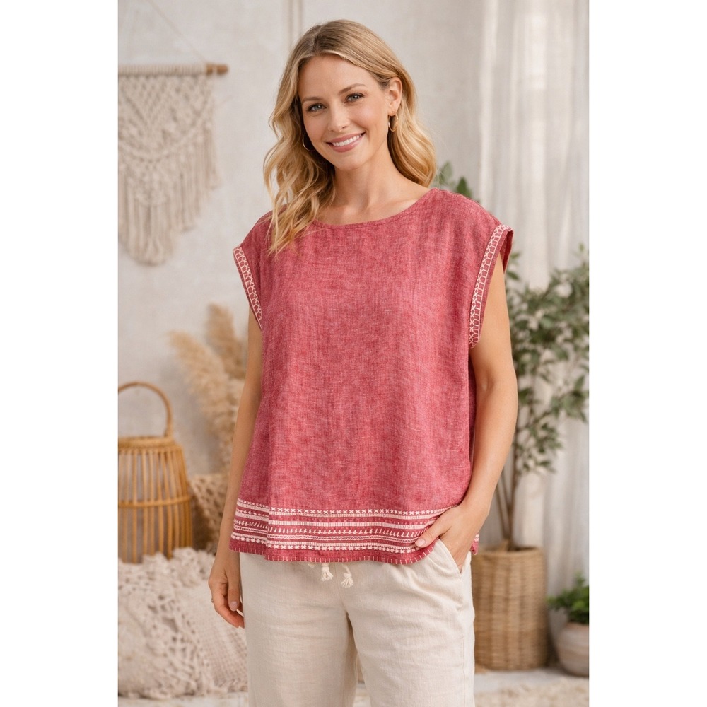 Sigrid Olsen Linen Embroidered Top Red Boho Coastal Medium Cottage Preppy Resort